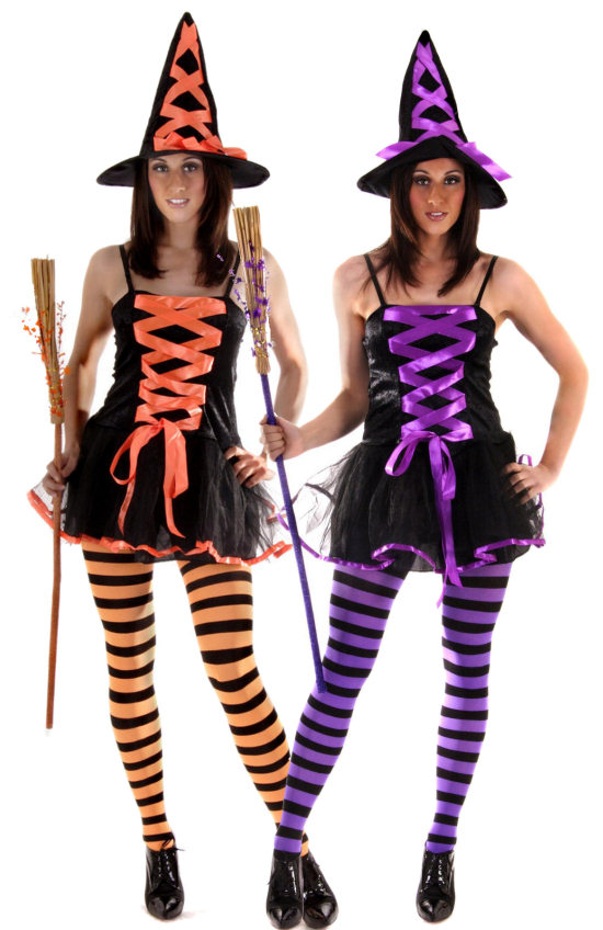 Womens Witch Fancy Dress Costume with Hat Ladies Orange Witch Halloween Out...